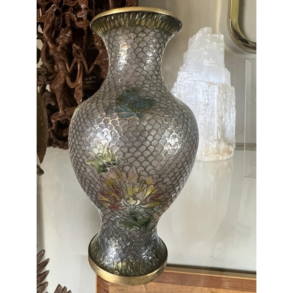 Vintage Cloisonne Enamel Floral Vase Silver Fish Scale Pattern Turquoise Base 5" - Picture 10 of 11